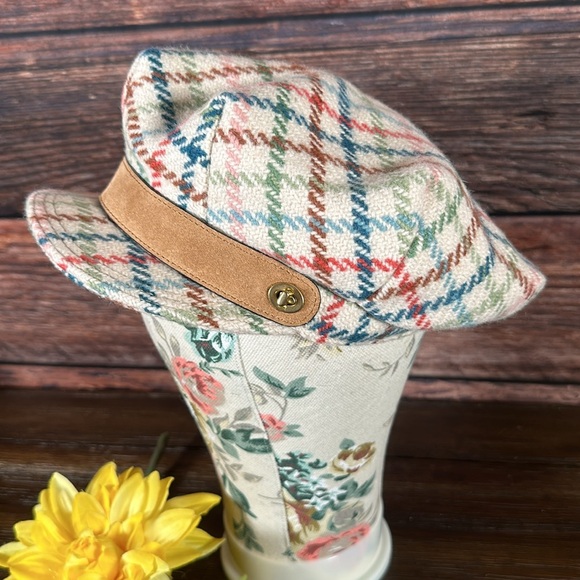 Vintage Coach Wool Colorful Plaid Newsboy Hat With Suede Trim. Size M/L - Picture 4 of 13